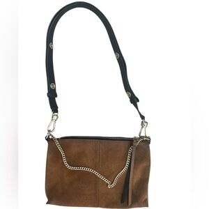 All Saints Eve Brown Suede Crossbody Bag with Chain Accent